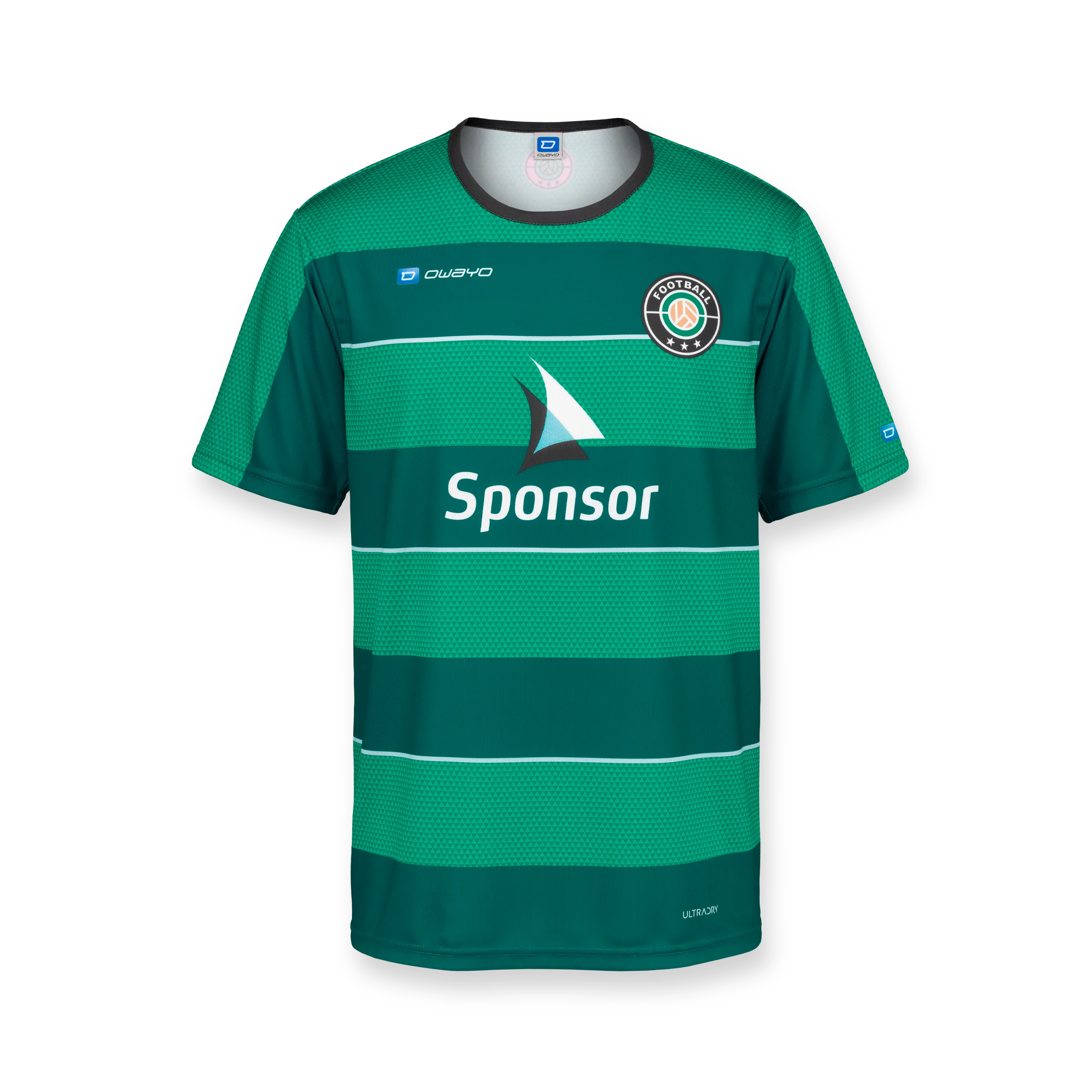 Grünes Fußballtrikot mit breiten horizontalen Streifen und rundem Kragen, ausgestattet mit einem Sponsorenlogo auf der Vorderseite.