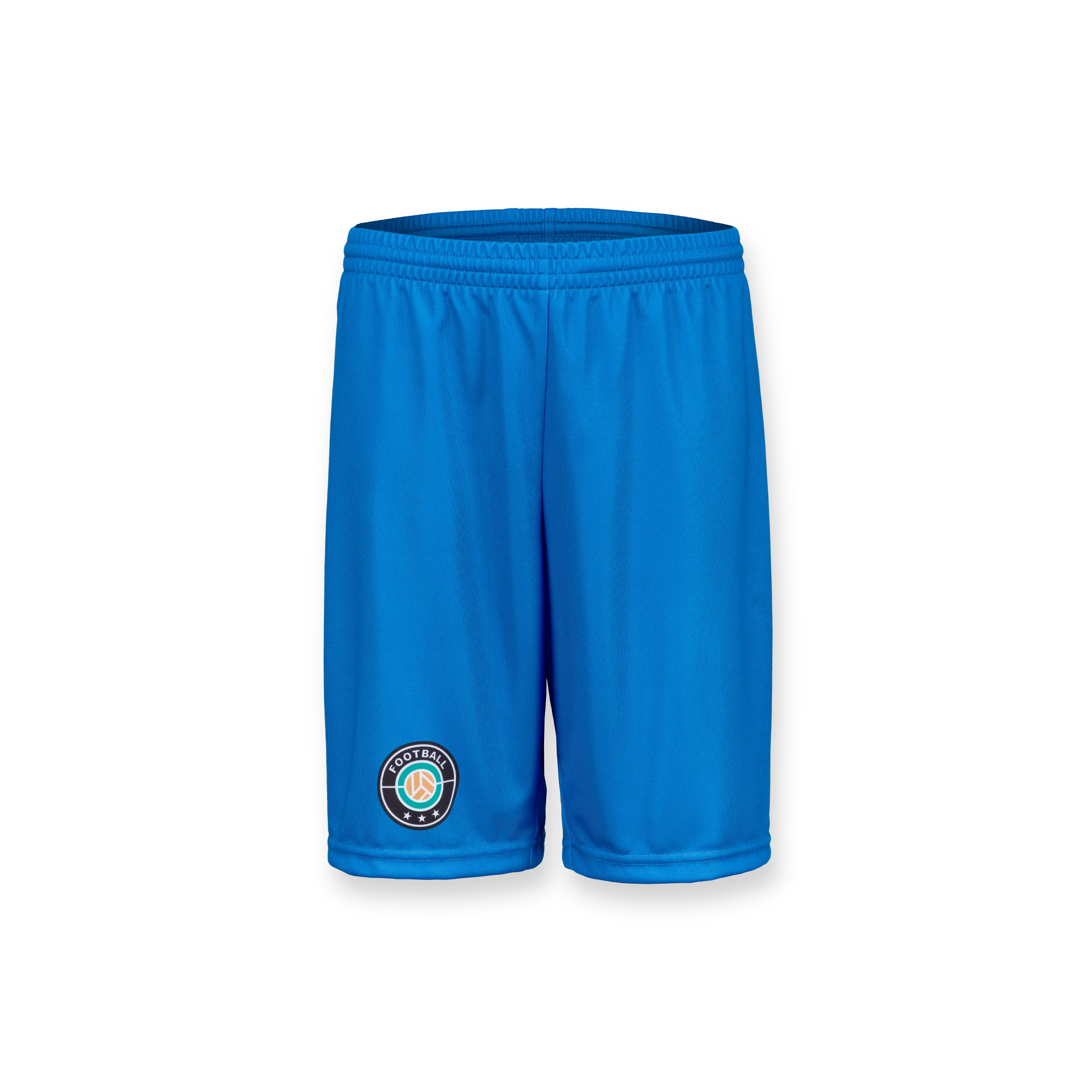 Blaues Sportshorts mit elastischem Bund und einem runden Logo auf der linken Seite.