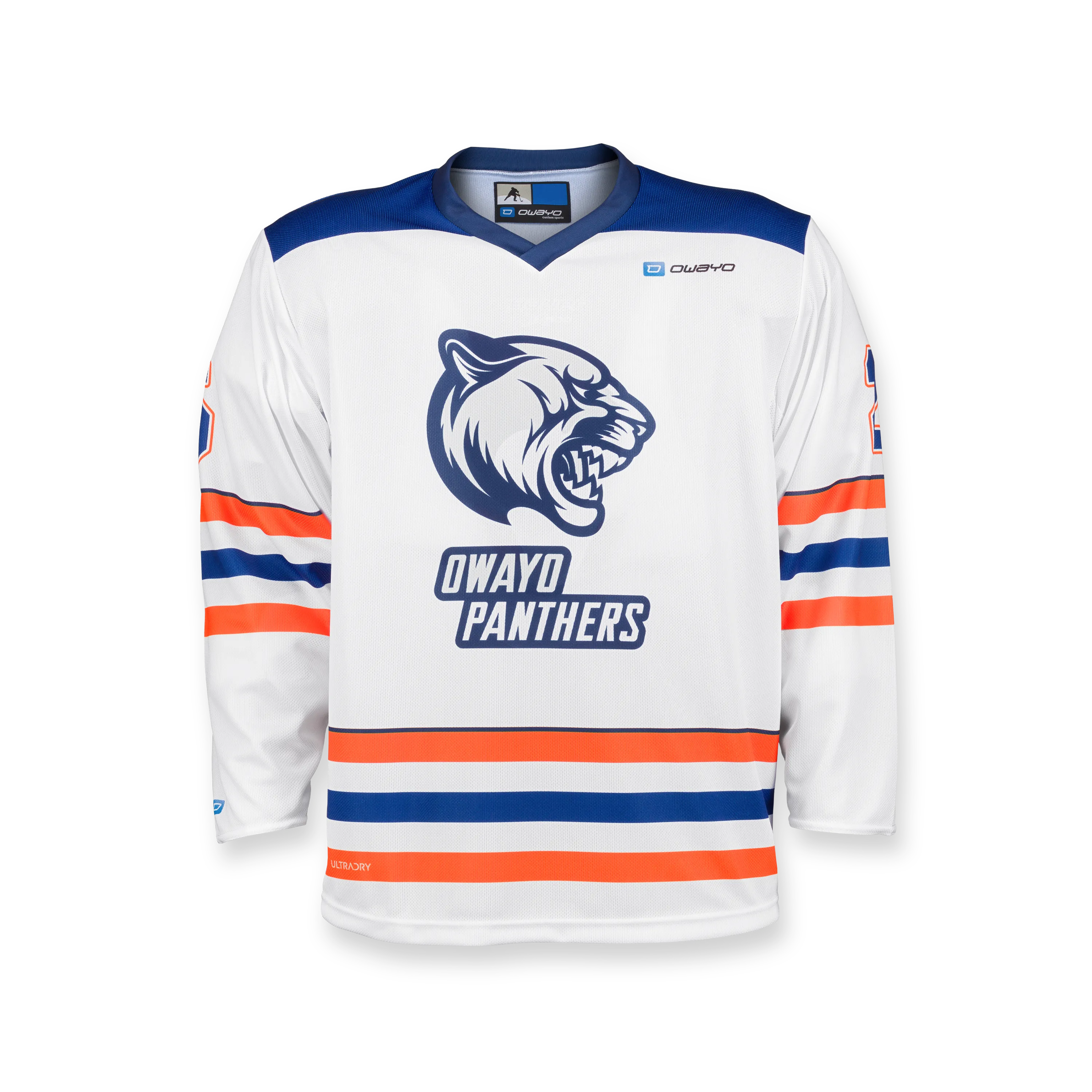 Ein weißes Hockeytrikot mit blauen und orangefarbenen Streifen sowie dem Aufdruck 'PANthers' und einem Pantherkopf-Logo auf der Vorderseite.