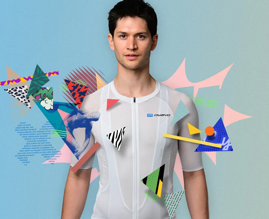 Ein Mann in einem weißen, ärmellosen Sporttrikot mit Reißverschluss und dem Logo 'owayo' auf der Brust, umgeben von bunten geometrischen Formen und Mustern.
