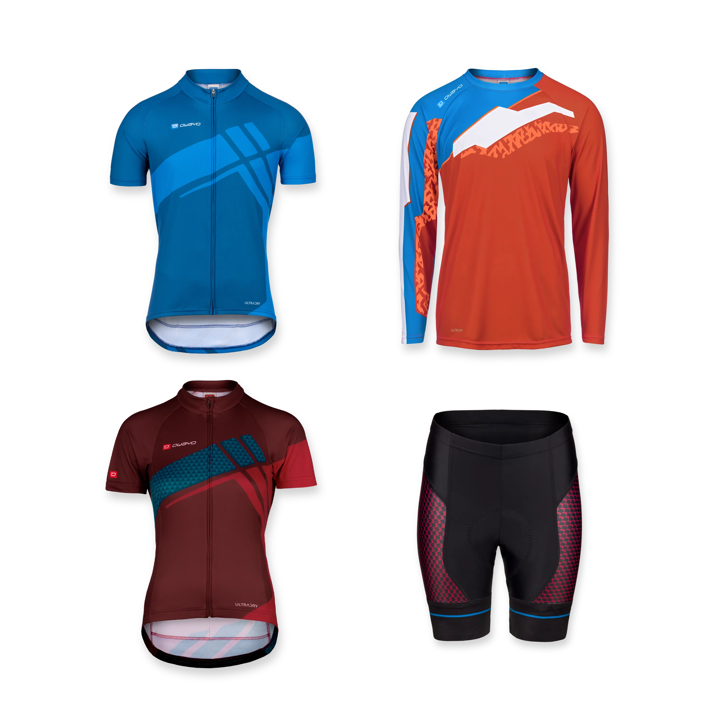 Vier verschiedene Sportbekleidungsstücke, darunter ein blaues Kurzarmtrikot, ein rotes Langarmtrikot, ein burgunderfarbenes Kurzarmtrikot und eine schwarze Radhose.