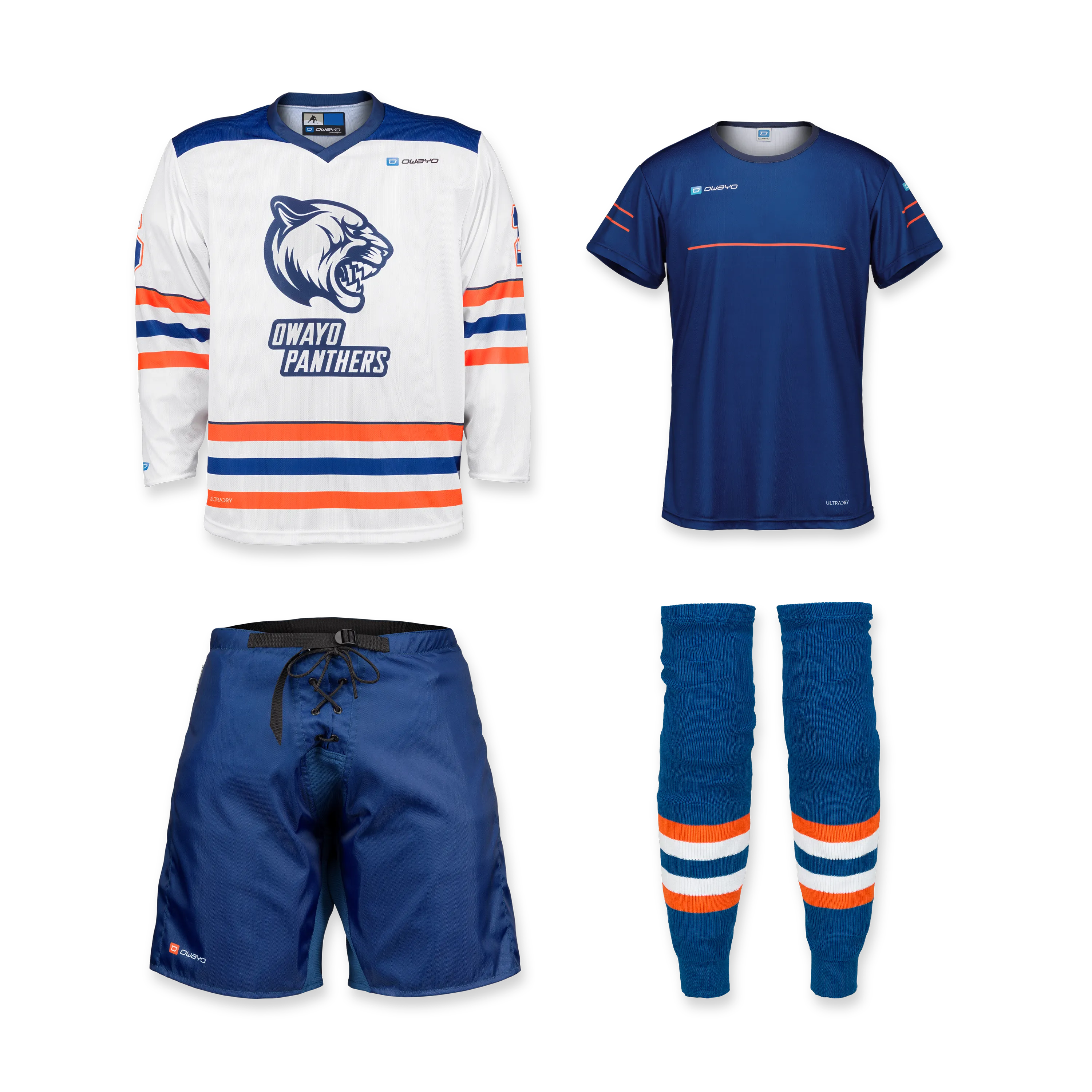 Ein Set aus einem weißen Eishockey-Trikot mit einem Panther-Logo, einem blauen Sportshirt, blauen Shorts und blauen Socken mit orangen und weißen Streifen.