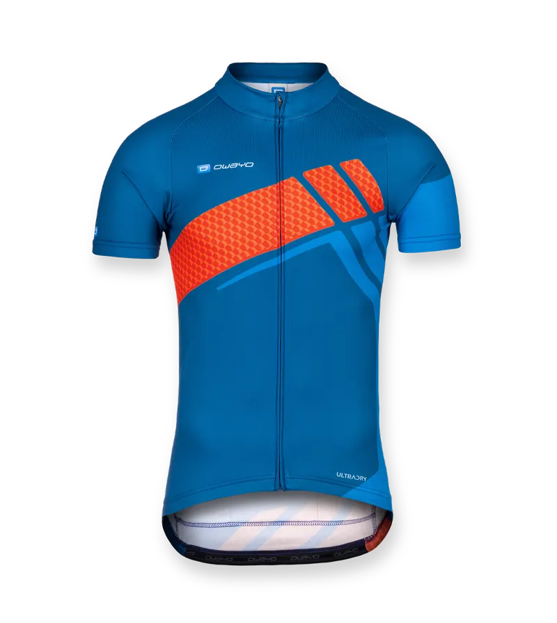 Ein blau-oranges Radtrikot für Herren mit kurzen Ärmeln, Reißverschluss und dem Logo von owayo auf der Brust.