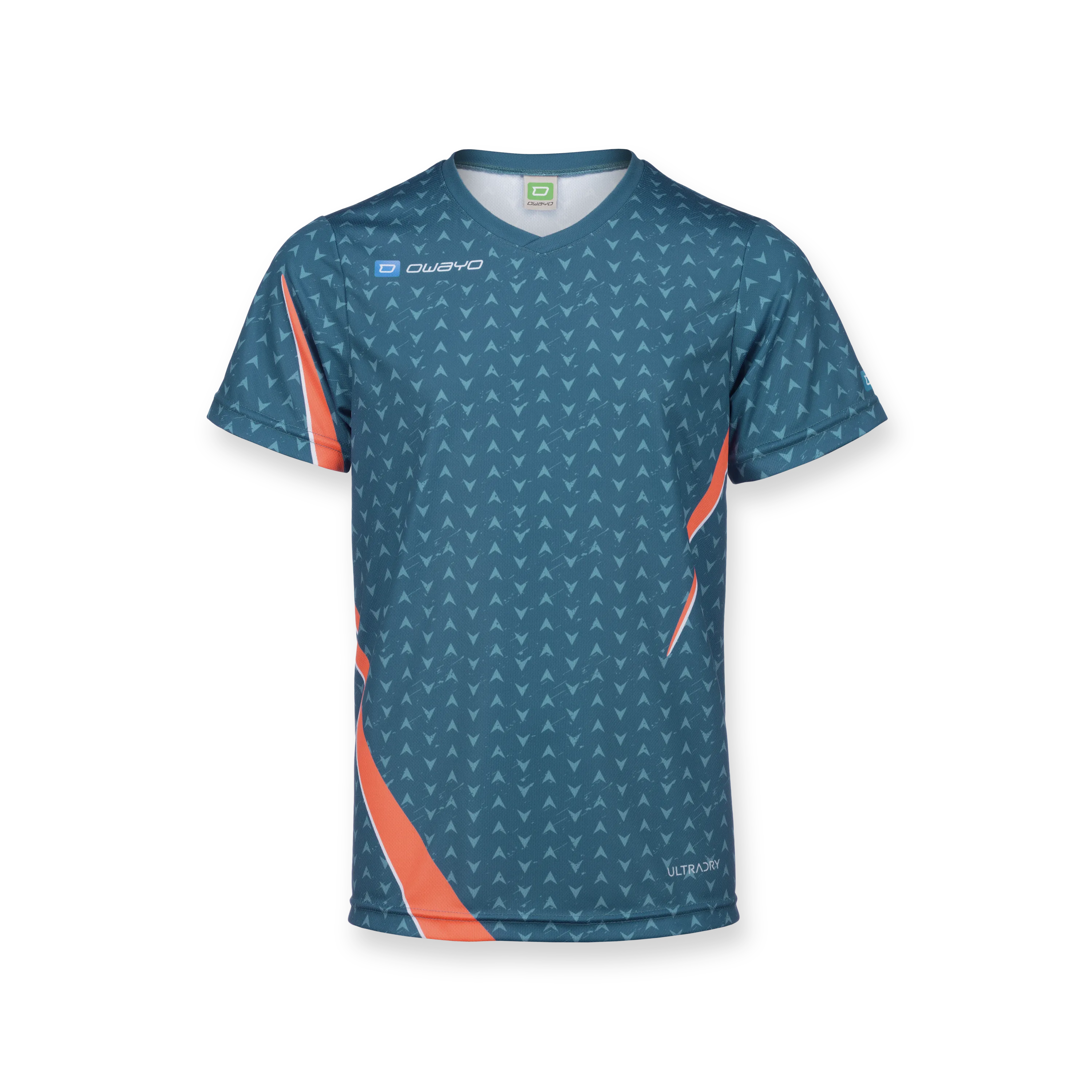 Ein sportliches Kindertrikot in Blau mit einem geometrischen Muster und orangefarbenen Akzenten.