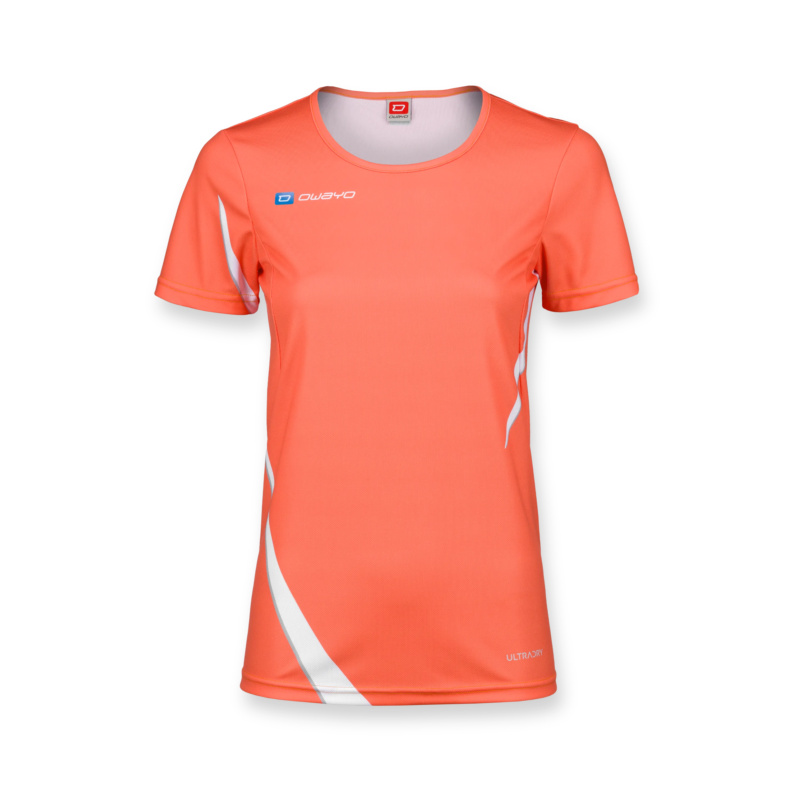Ein leuchtendes, orangefarbenes Sportshirt mit weißen Akzenten und einem runden Halsausschnitt.