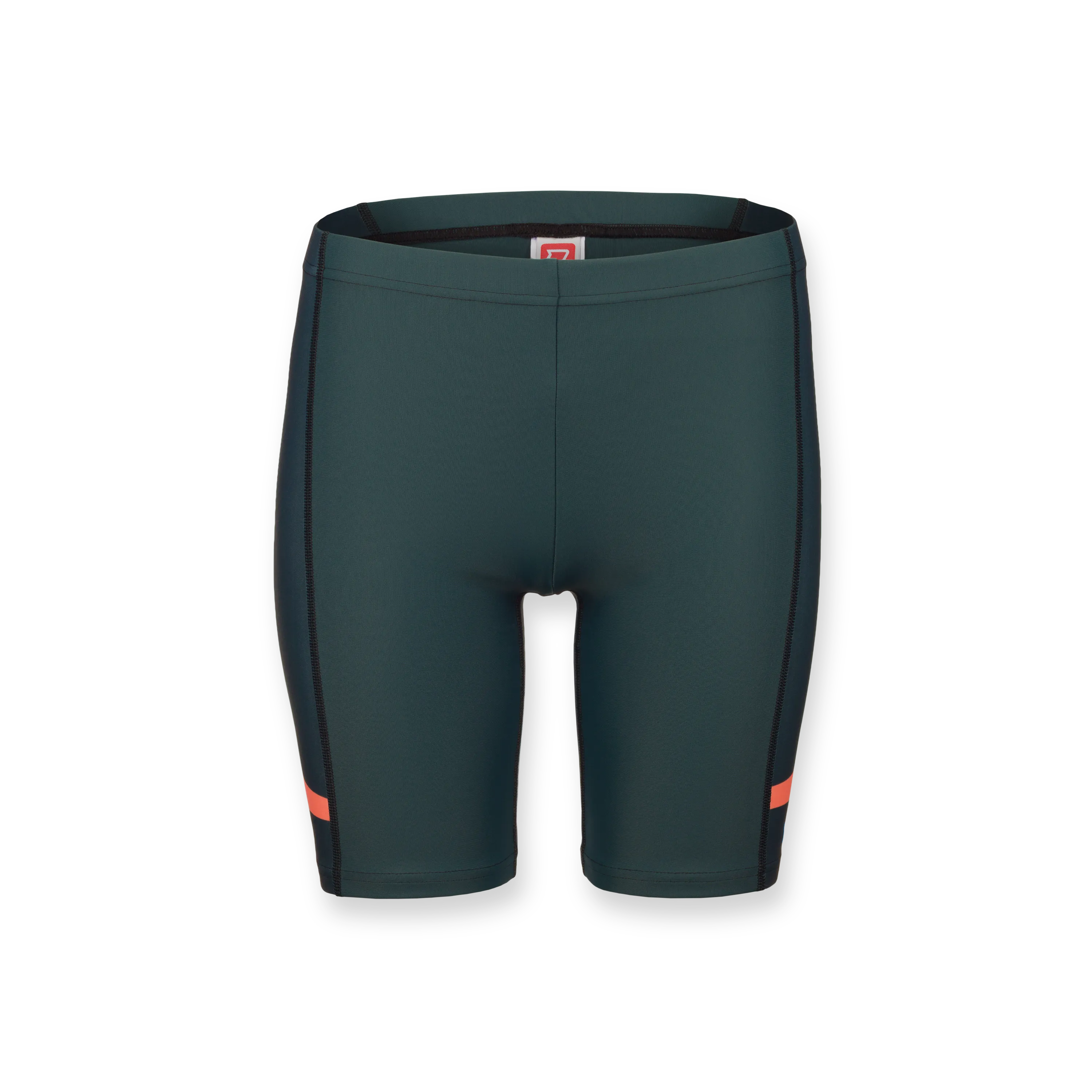 Dunkelgrüne Sportshorts mit seitlichen schwarzen Einsätzen und einem orangefarbenen Streifen.