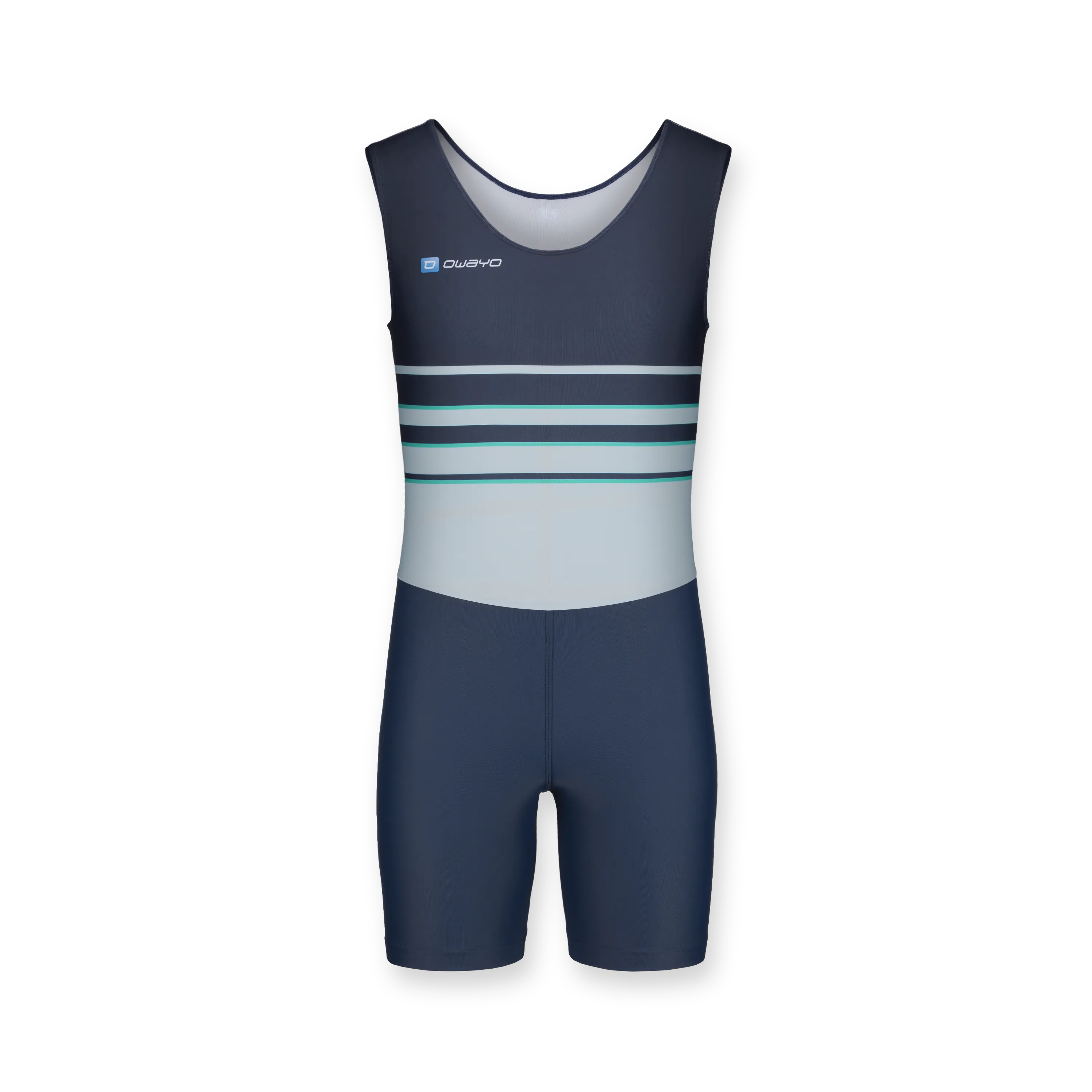 Ein ärmelloser Sportanzug in Marineblau mit horizontalen Streifen in Hellblau und Grün auf der Oberseite.