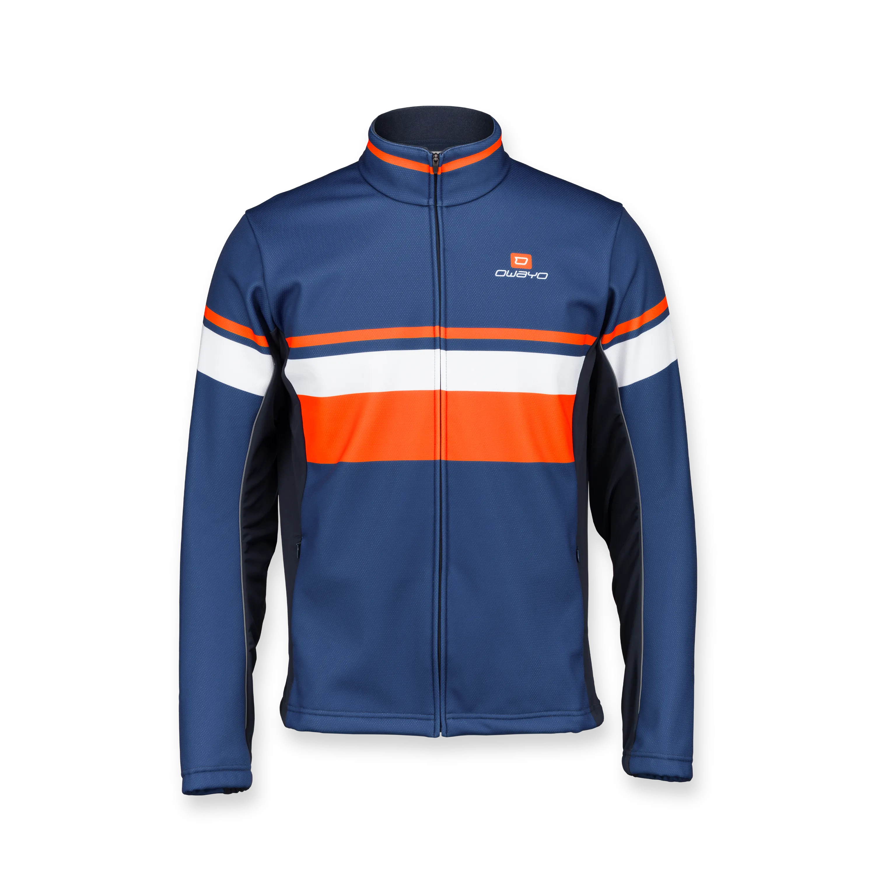Eine sportliche Jacke in Blau mit orangefarbenen und weißen Streifen auf der Vorderseite.