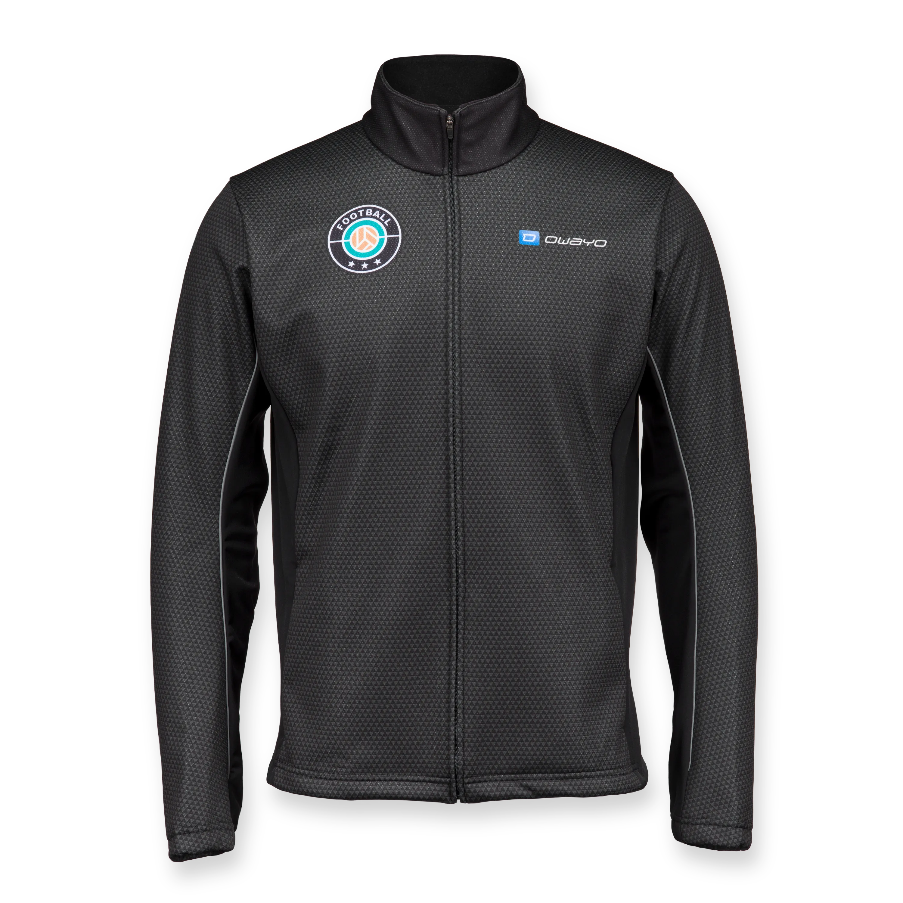 Eine schwarze Sportjacke mit einem Reißverschluss, einem hohen Kragen und einem strukturierten Muster, ideal für Fußballtraining.