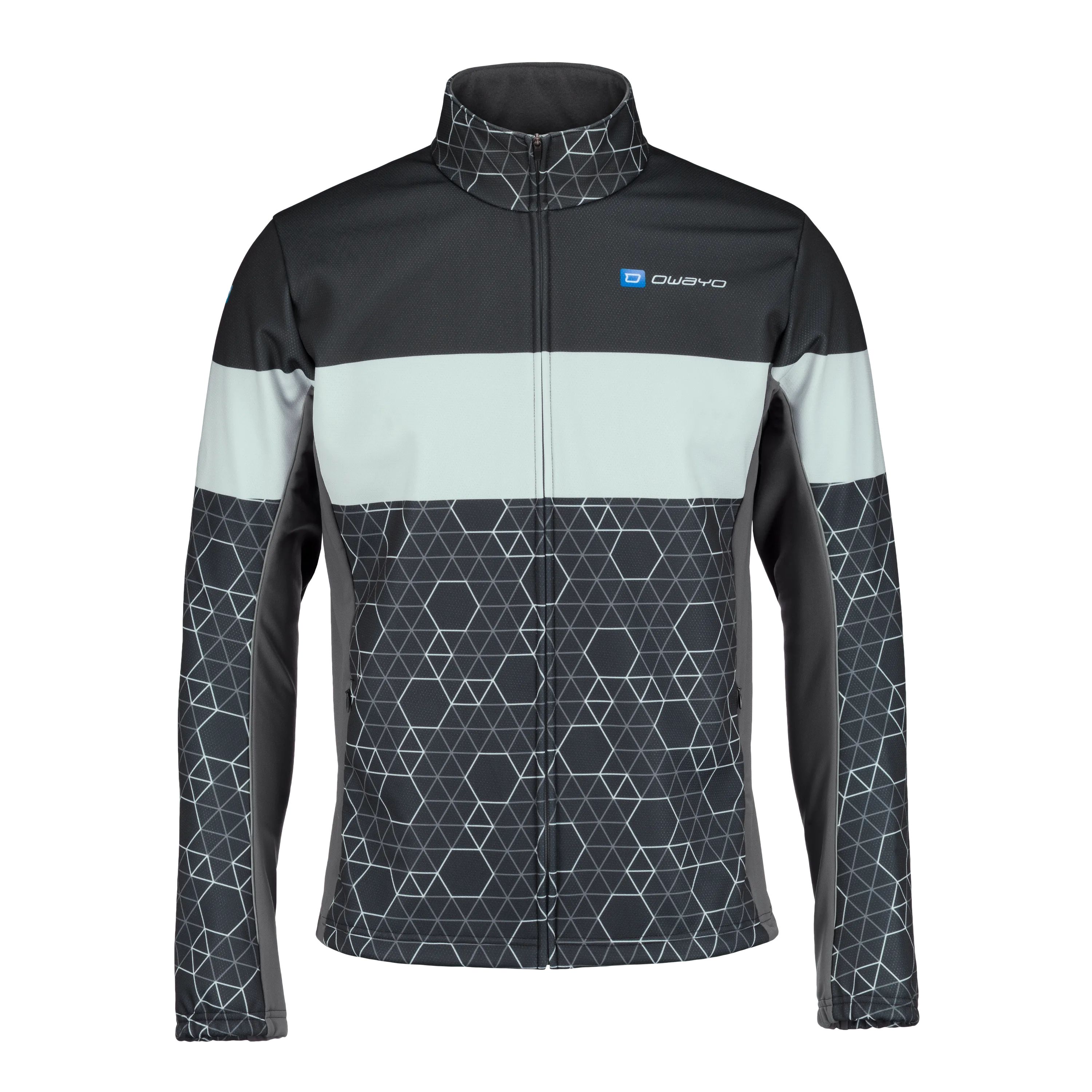 Eine sportliche Jacke in Schwarz und Grau mit geometrischem Muster und hohem Kragen.