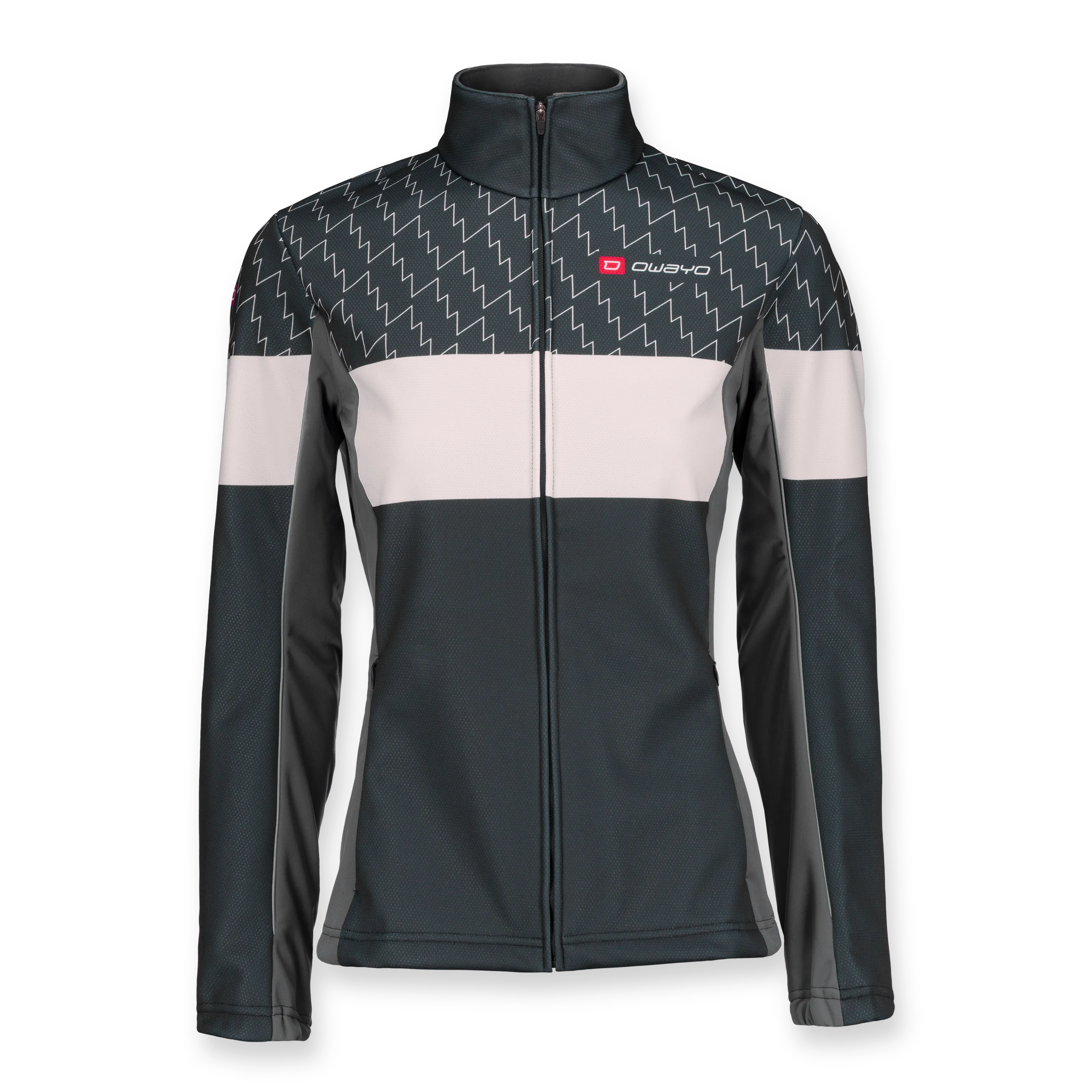 Eine sportliche Damenjacke mit einem modernen Design in Schwarz, Weiß und Grautönen, mit einem hohen Kragen und durchgehendem Reißverschluss.