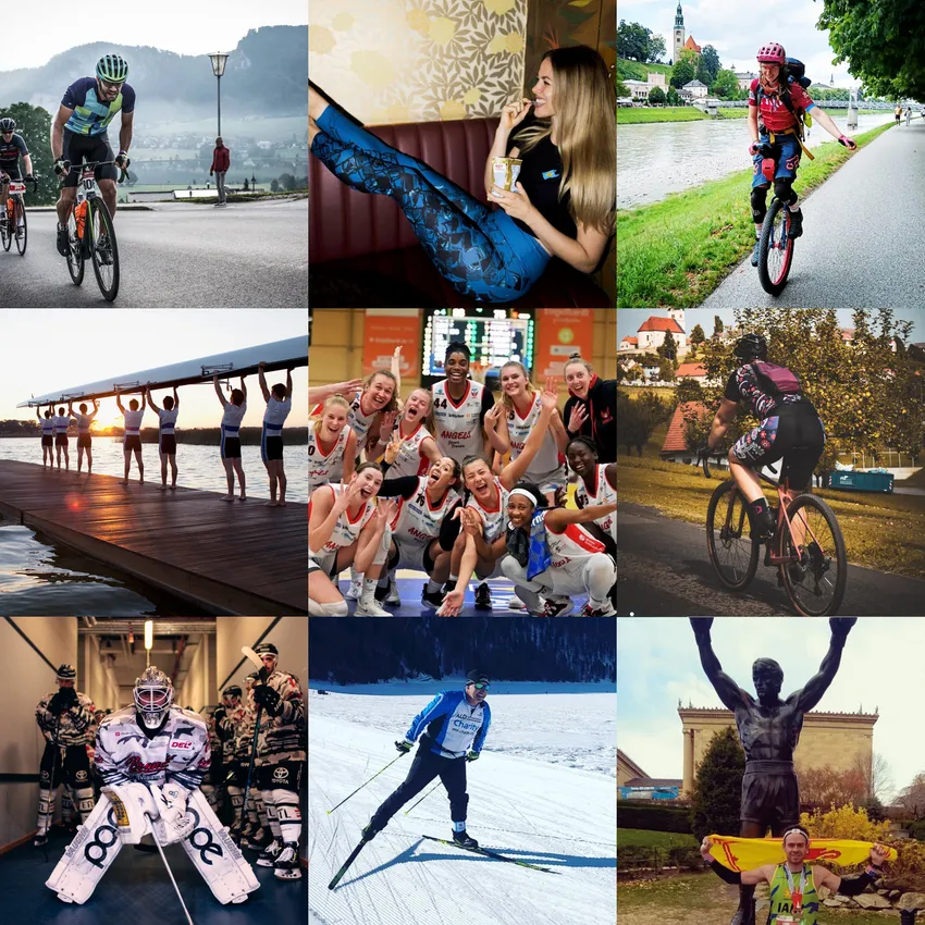 Eine Collage aus neun Bildern zeigt verschiedene Personen in verschiedenen Sportarten, darunter Radfahren, Basketball, Skilanglauf und Mountainbiken, die sportliche Kleidung von owayo tragen.