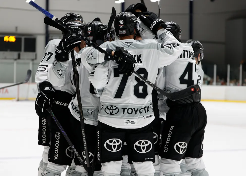 Eishockeyspieler in weißen Trikots mit schwarzen Akzenten und dem Toyota-Logo feiern auf dem Eis.