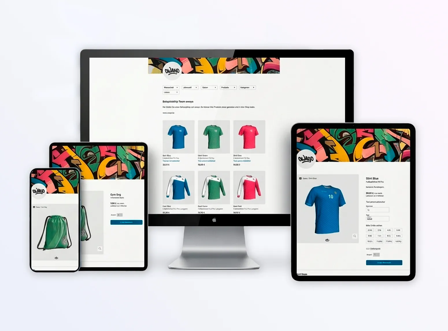 Die owayo-Website wird auf einem Desktop-Computer, einem Tablet und einem Smartphone angezeigt, wobei Sportbekleidung und -ausrüstung präsentiert werden.