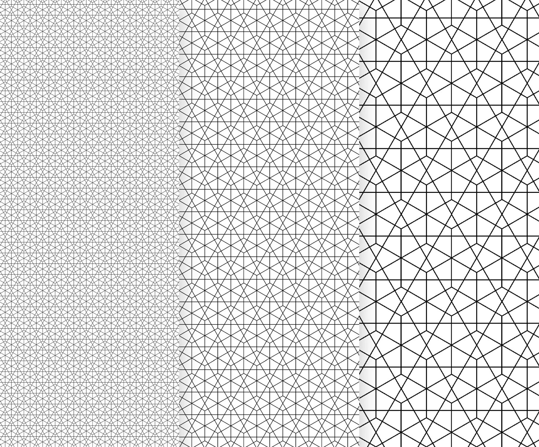 Drei vertikale Bereiche mit unterschiedlichen geometrischen Musterdesigns in Schwarz-Weiß, die als Vorlagen für benutzerdefinierte Sportbekleidung dienen.