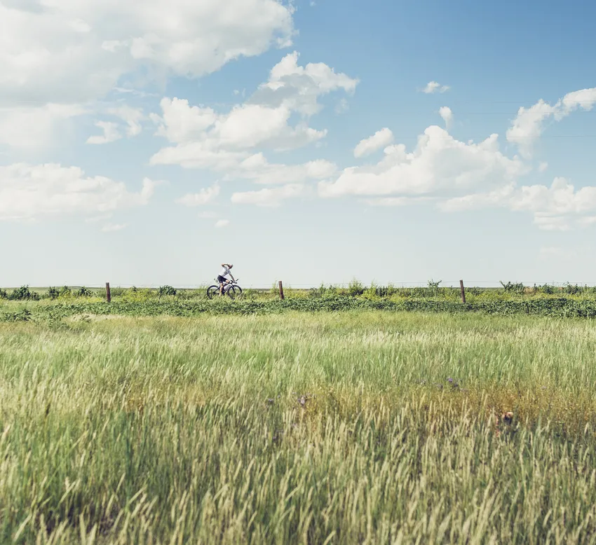 Ein Radfahrer in einer ländlichen Landschaft mit hohem Gras und blauem Himmel, was ökologische Verantwortung und Freizeitaktivitäten symbolisiert.
