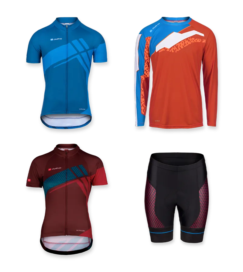 Übersicht über vier verschiedene Radtrikots und eine Radhose von owayo, darunter ein blaues Kurzarmtrikot, ein orangefarbenes Langarmtrikot, ein dunkelrotes Kurzarmtrikot und eine schwarze Radhose mit roten und blauen Akzenten.