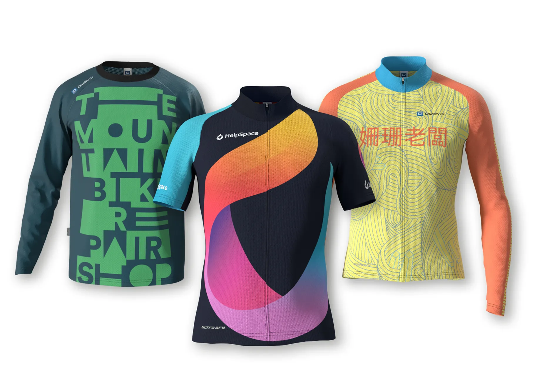 Drei maßgeschneiderte Sportbekleidungsstücke von owayo: ein langärmeliges dunkelblaues Shirt mit grünem 'MOUNTAIN BIKE REPAIR SHOP'-Design, ein kurzärmeliges dunkelblaues Shirt mit einem farbverlaufenden, abstrakten Design in Orange, Rosa und Lila, und ein langärmeliges gelbes Shirt mit einem blauen Linienmuster und chinesischen Schriftzeichen. 