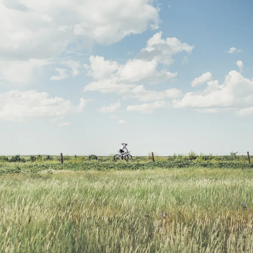 Eine Person fährt auf einem Fahrrad durch eine grüne Landschaft unter einem blauen Himmel mit einigen Wolken.
