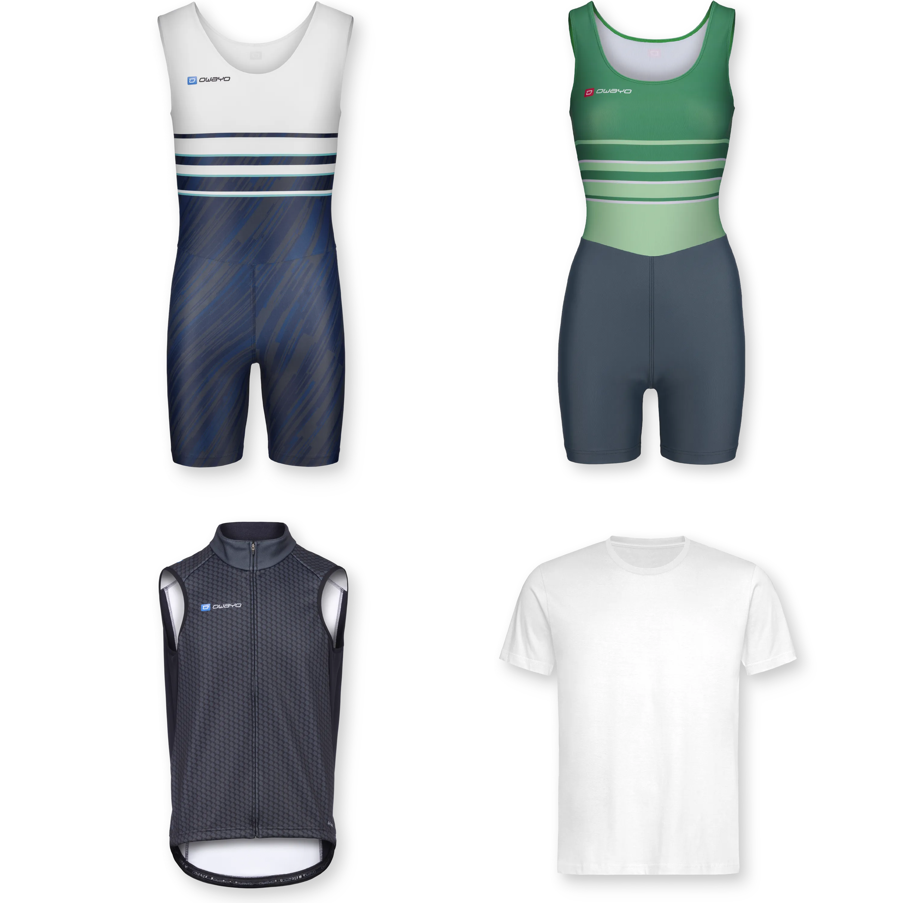 Verschiedene Sportbekleidungsstücke für Rudersport, einschließlich einteiliger Anzüge und einem T-Shirt.