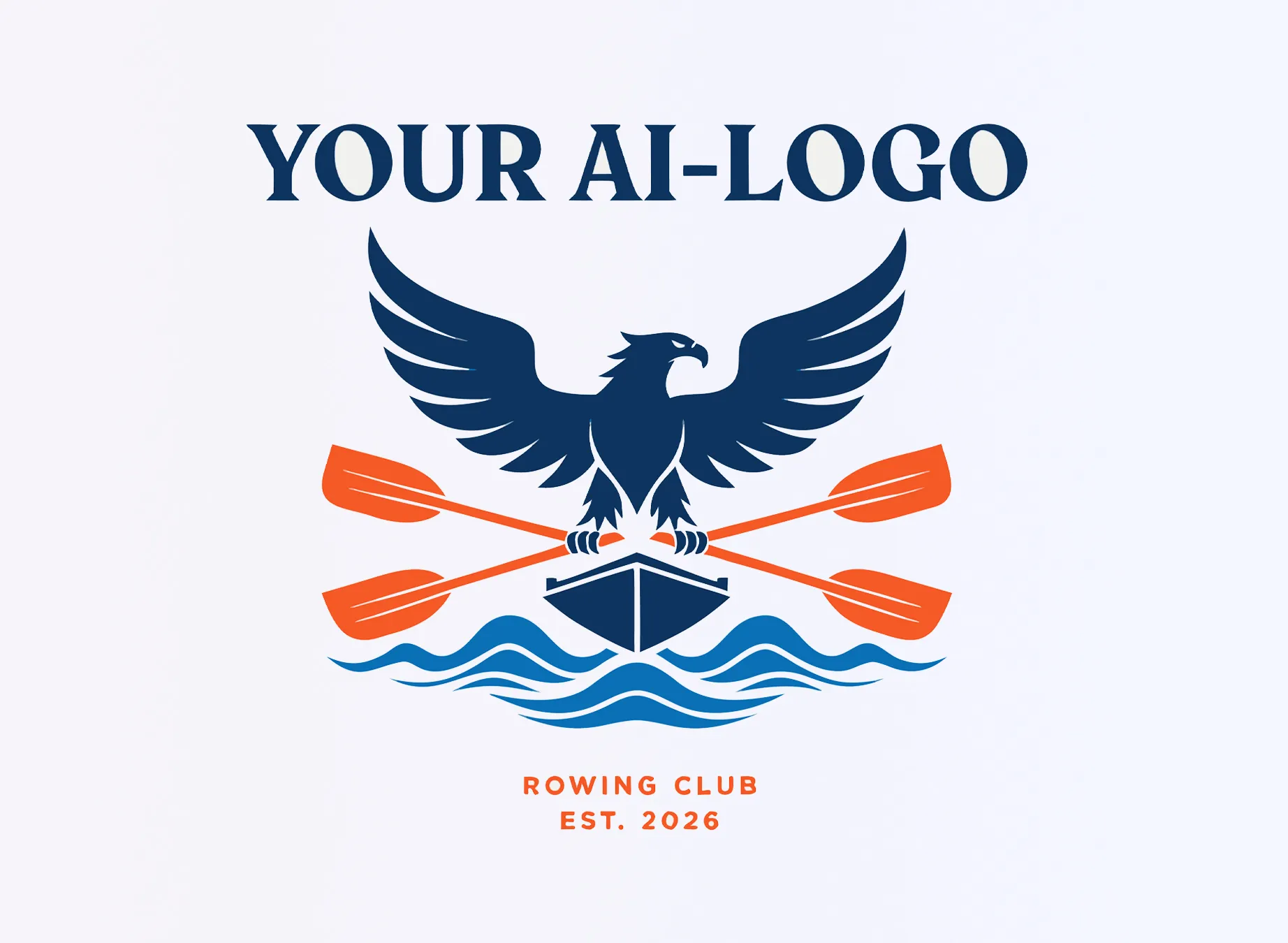 Ein Logo mit einem Adler, der über einem Boot und Ruder steht, mit Wellen im Hintergrund und dem Text 'YOUR AI-LOGO' darüber.