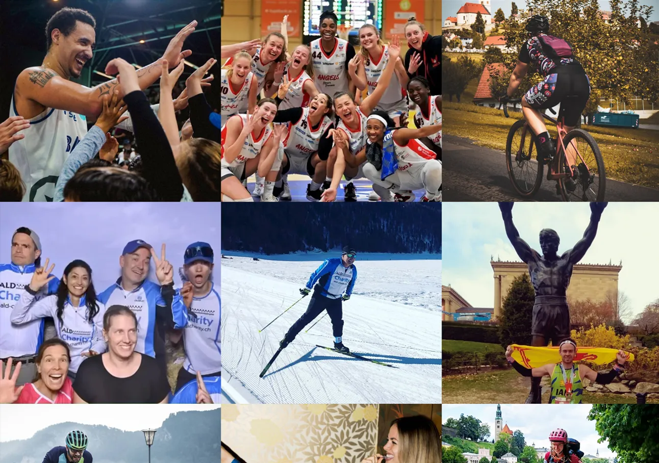 Collage aus neun Fotos, die verschiedene Sportler und Teams in Aktion zeigen, darunter Basketballspieler, Basketballspielerinnen, Radfahrer, Skiläufer, eine Gruppe bei einer Charity-Veranstaltung und eine Person mit einer Medaille vor einer Statue.